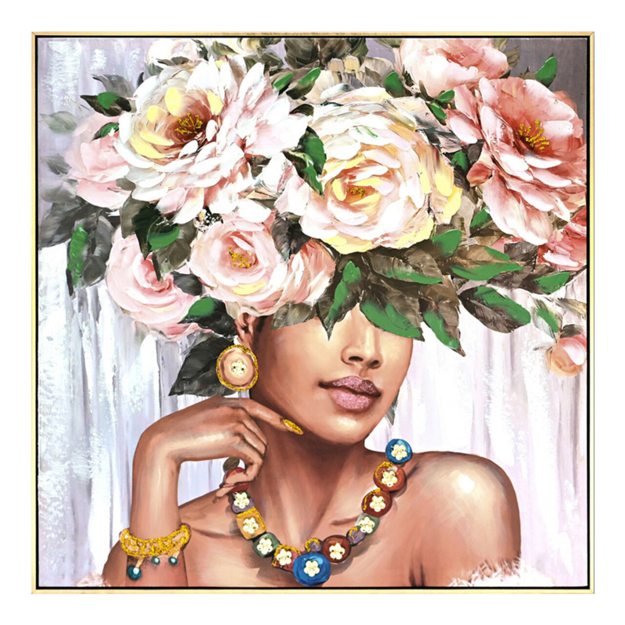 Tablou decorativ Flowergirl, Inart, 82x82 cm, canvas/lemn de brad, multicolor