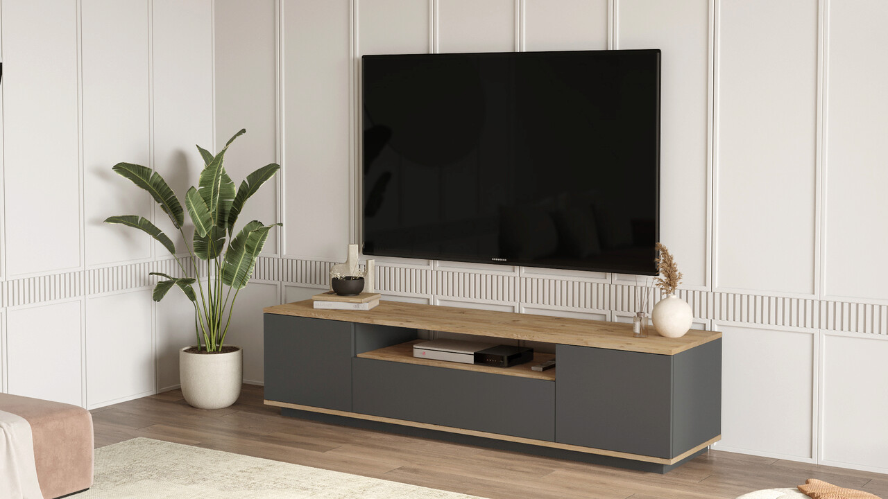 Comoda TV Bedora, 180x44.5x44.6 cm, PAL, antracit/natur