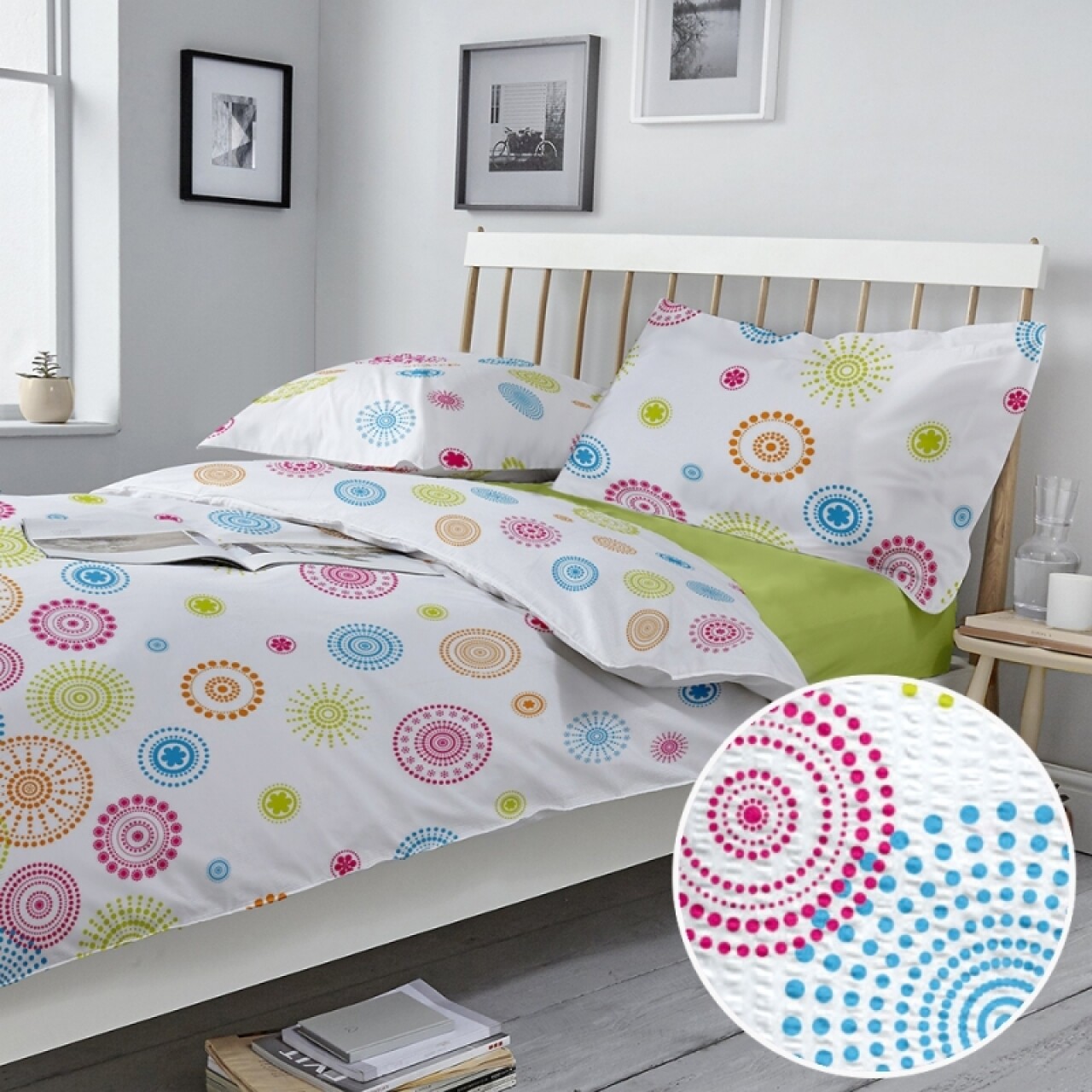 Lenjerie De Pat Dubla Circles Lime V.1, 4 Piese, 220 X 250 Cm, 100% Bumbac, Multicolora