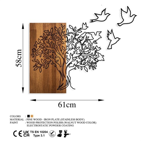 Decoratiune de perete, Tree And Birds 1, Lemn/metal, Dimensiune: 61 x 58 cm, Nuc / Negru