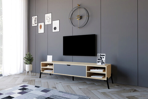 Comoda TV, Puqa Design, Santa, 160x36x40cm, 100% PAL melaminat, Stejar safir / Antracit