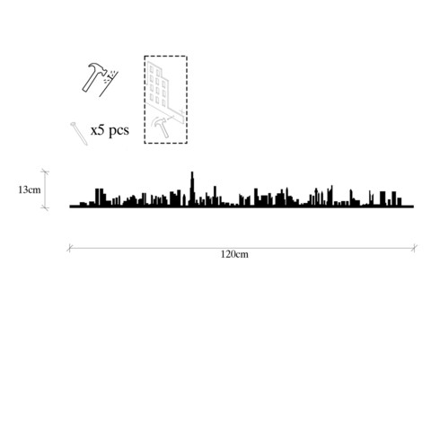 Decoratiune de perete, Dubai Skyline, Metal, Dimensiune: 120 x 13 cm, Negru