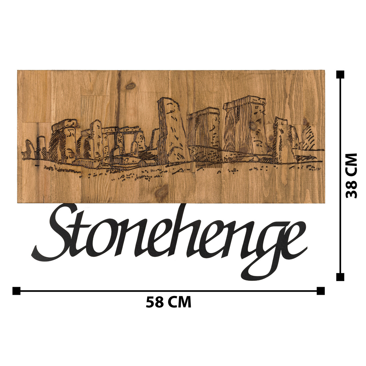 Decoratiune de perete, Stonehenge, lemn/metal, 58 x 38 cm, negru/maro