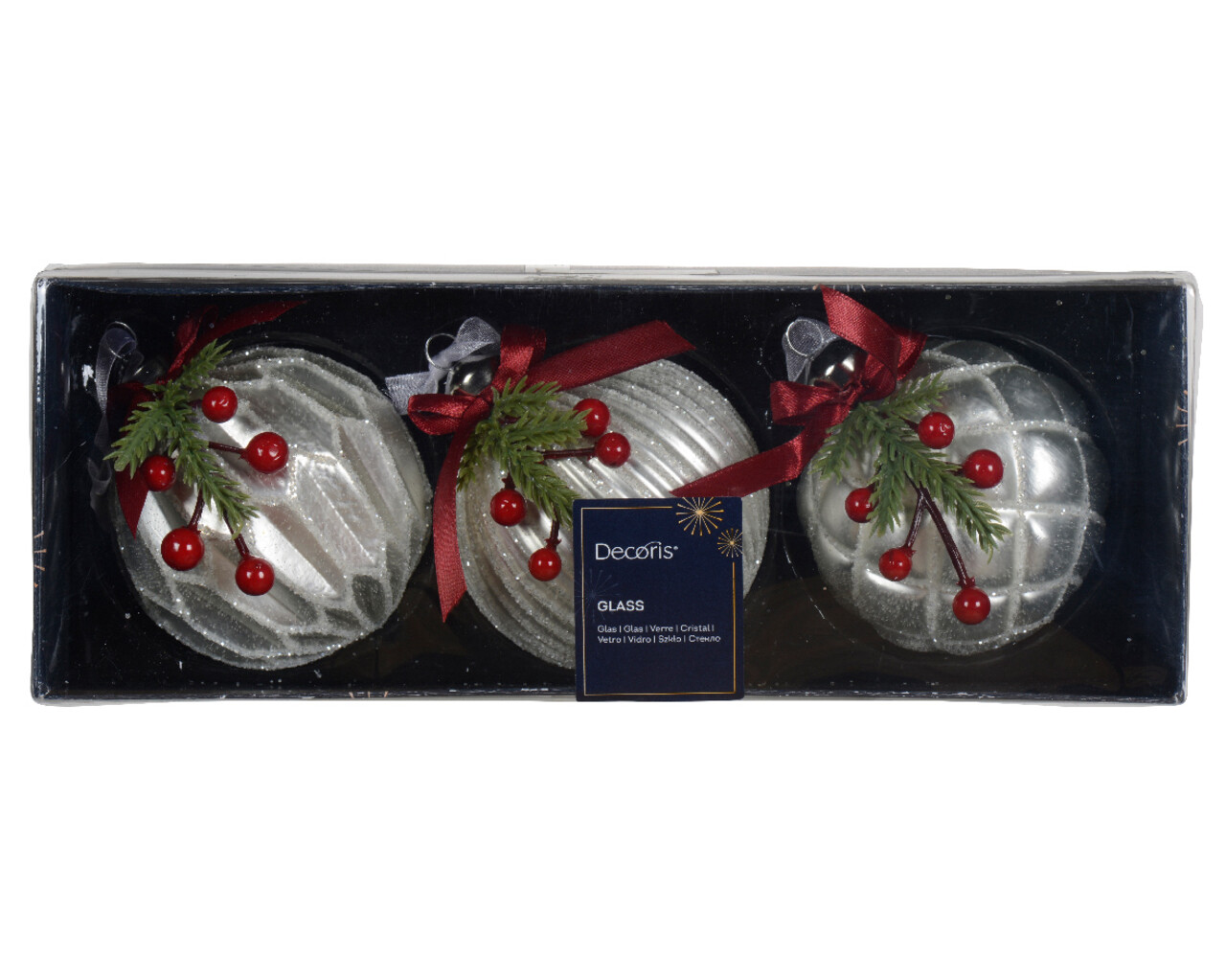 Set 3 globuri Snow finish w berries, Decoris, 8 cm, sticla, alb - 2 | YEO