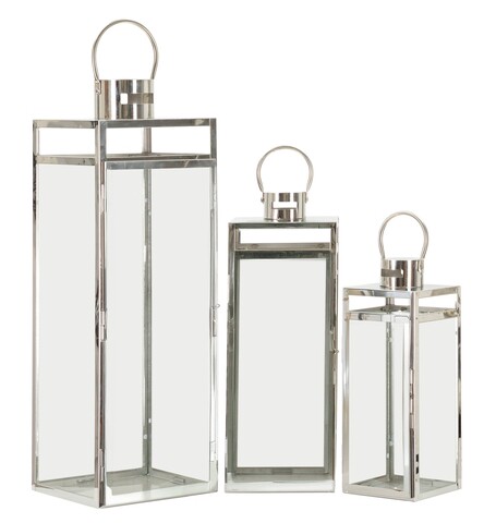 Set 3 felinare Silver, Mauro Ferretti, 22.5x22x70.5 cm, fier/sticla, argintiu