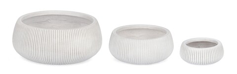 Set ghivece pentru exterior 3 piese Ribbed, Bizzotto, Ø43 x 18 cm, fibra de sticla si argila, alb