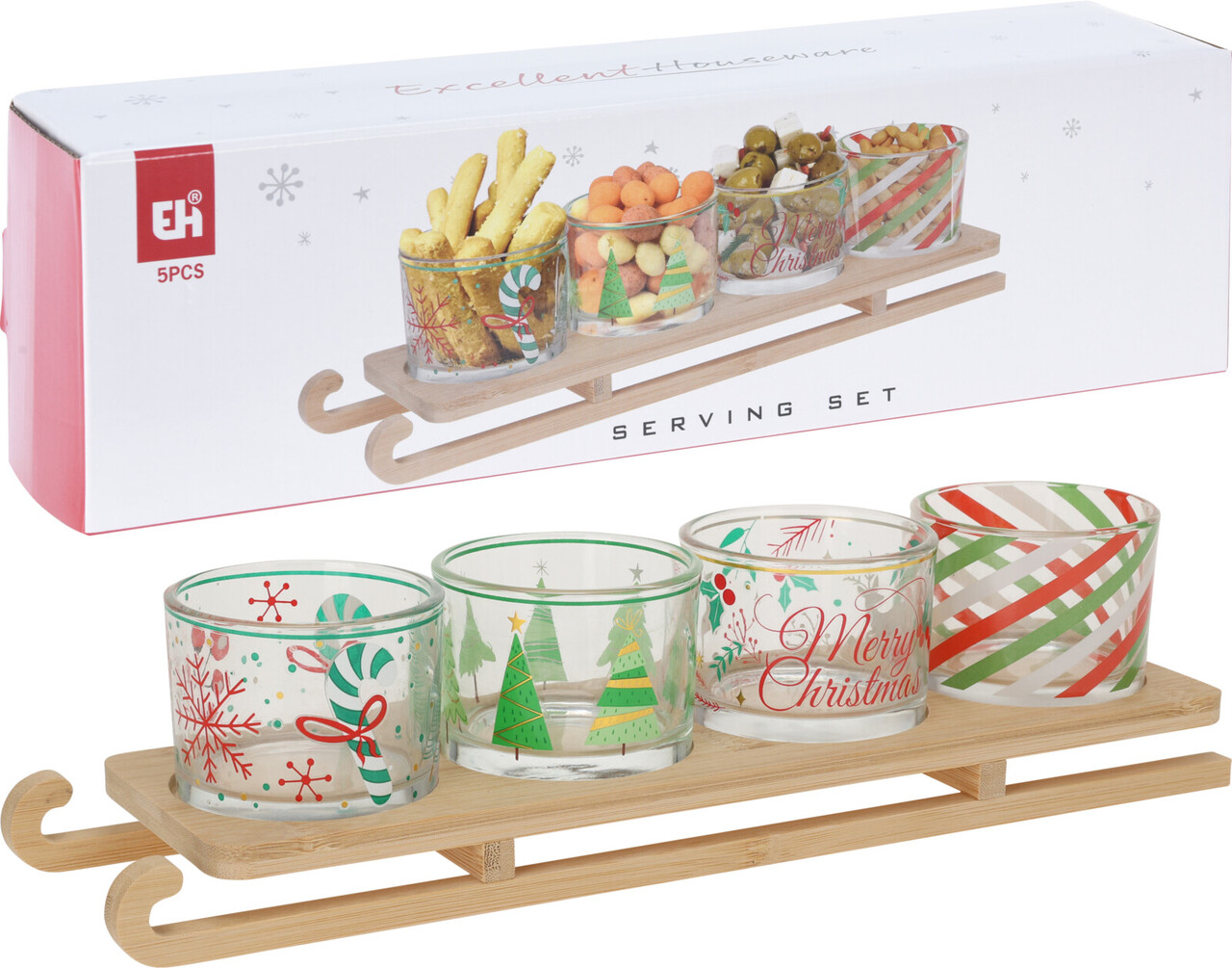 Set pentru servire aperitive 5 piese Sled, Excellent Houseware, 33x8.5x7.5 cm, bambus/sticla, natural