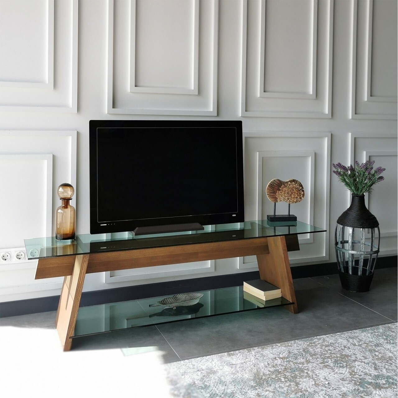 Comoda TV Neostill TV202, 158 x 40 x 45 cm, walnut/verde - 2 | YEO