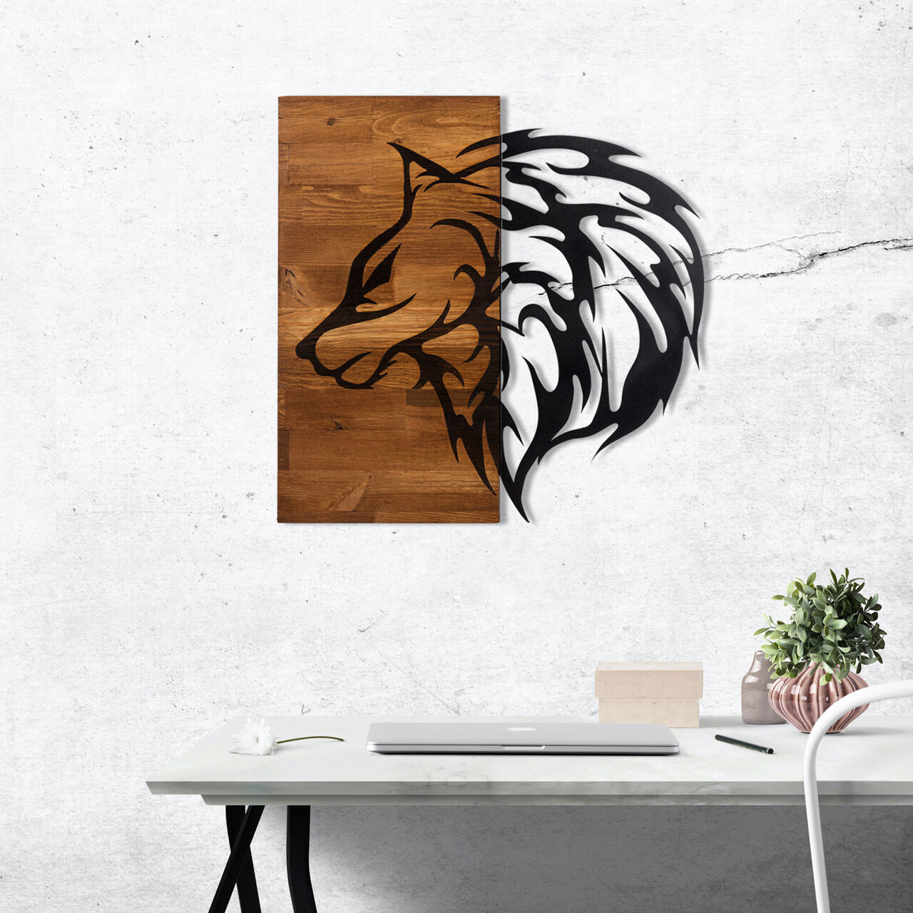 Decoratiune de perete, Wolf2, lemn/metal, 57.5 x 58 cm, negru/maro - 1 | YEO