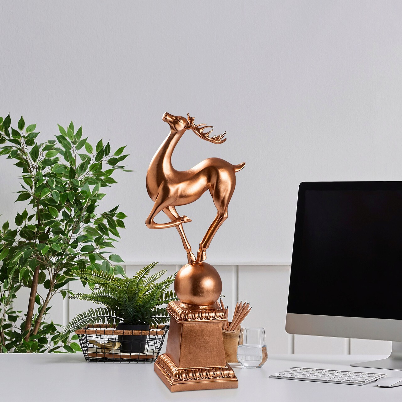 Decoratiune, Deer Pose, 15x57x21 cm, Poliester, Bronz - 2 | YEO