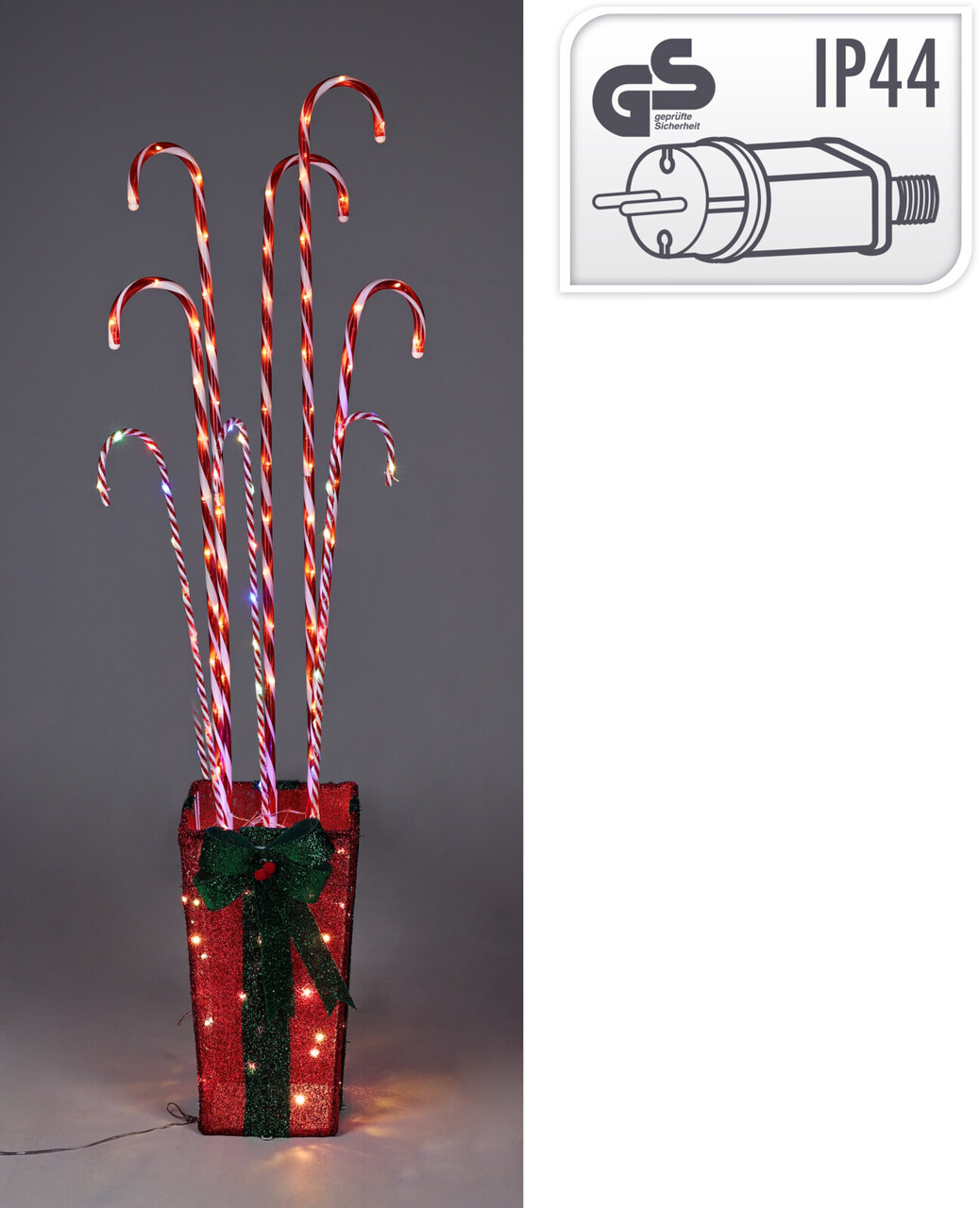 Decoratiune luminoasa de exterior Giftbox w Candy Canes, 128 LED-uri, transformator IP44, 26x26x150 cm, rosu