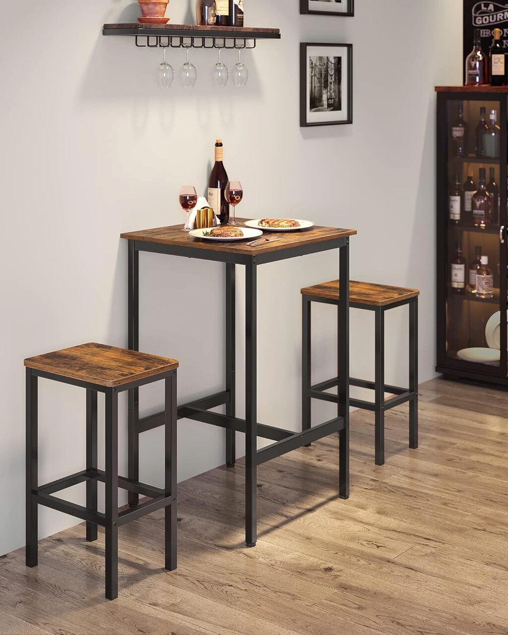 Set masa de bar si 2 scaune Vasagle, 60 x 60 x 90 cm / 30 x 40 x 35 cm, PAL/otel, maro rustic