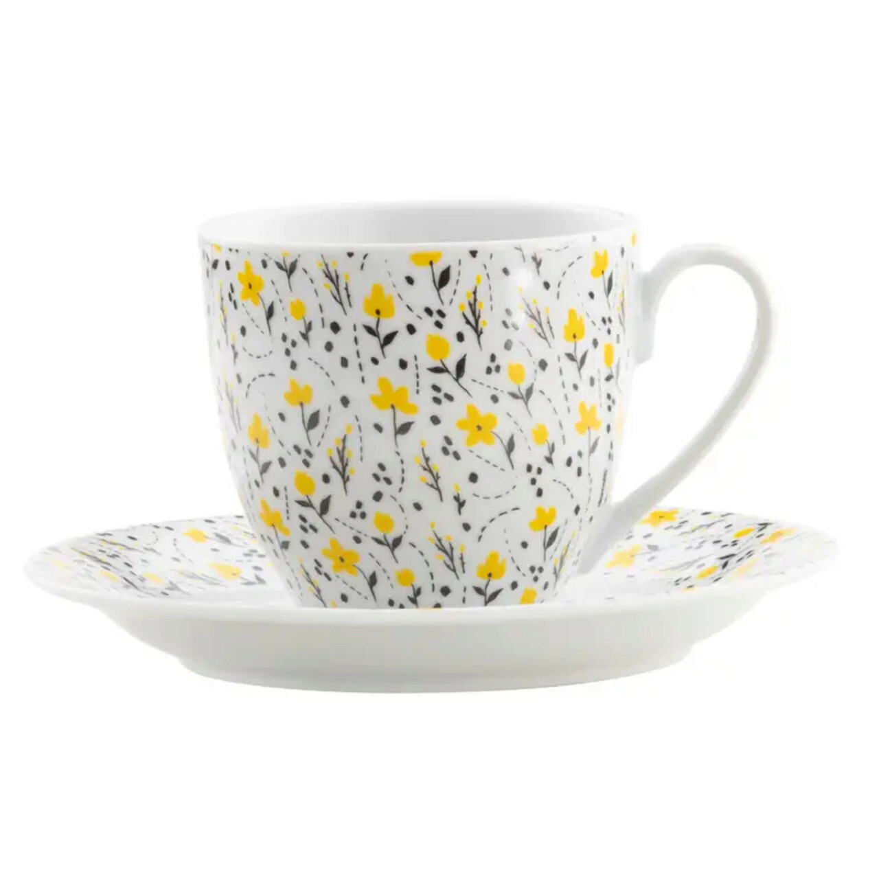 Set pentru ceai sau cafea 12 piese Amarillo, Domotti, 6 persoane, 200 ml, portelan, alb/galben