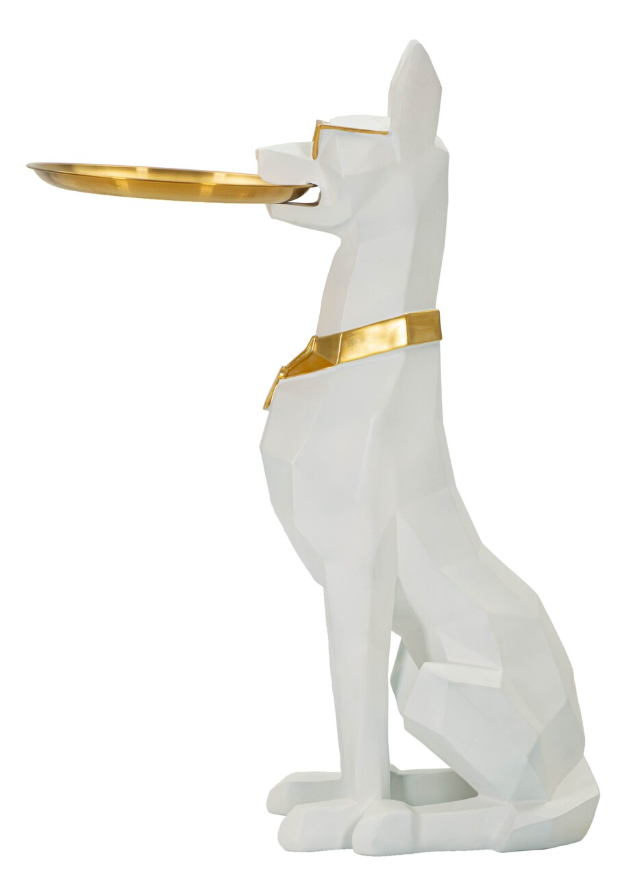 Statueta / figurina decorativa cu tava Dog Ory, Mauro Ferretti, 27x51x74 cm, polirasina/metal, alb/auriu - 1 | YEO