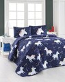 Set cuvertura matlasata dubla King (FR), 3 piese, Magic Unicorn - Dark Blue, Eponj Home, 65% bumbac/35% poliester