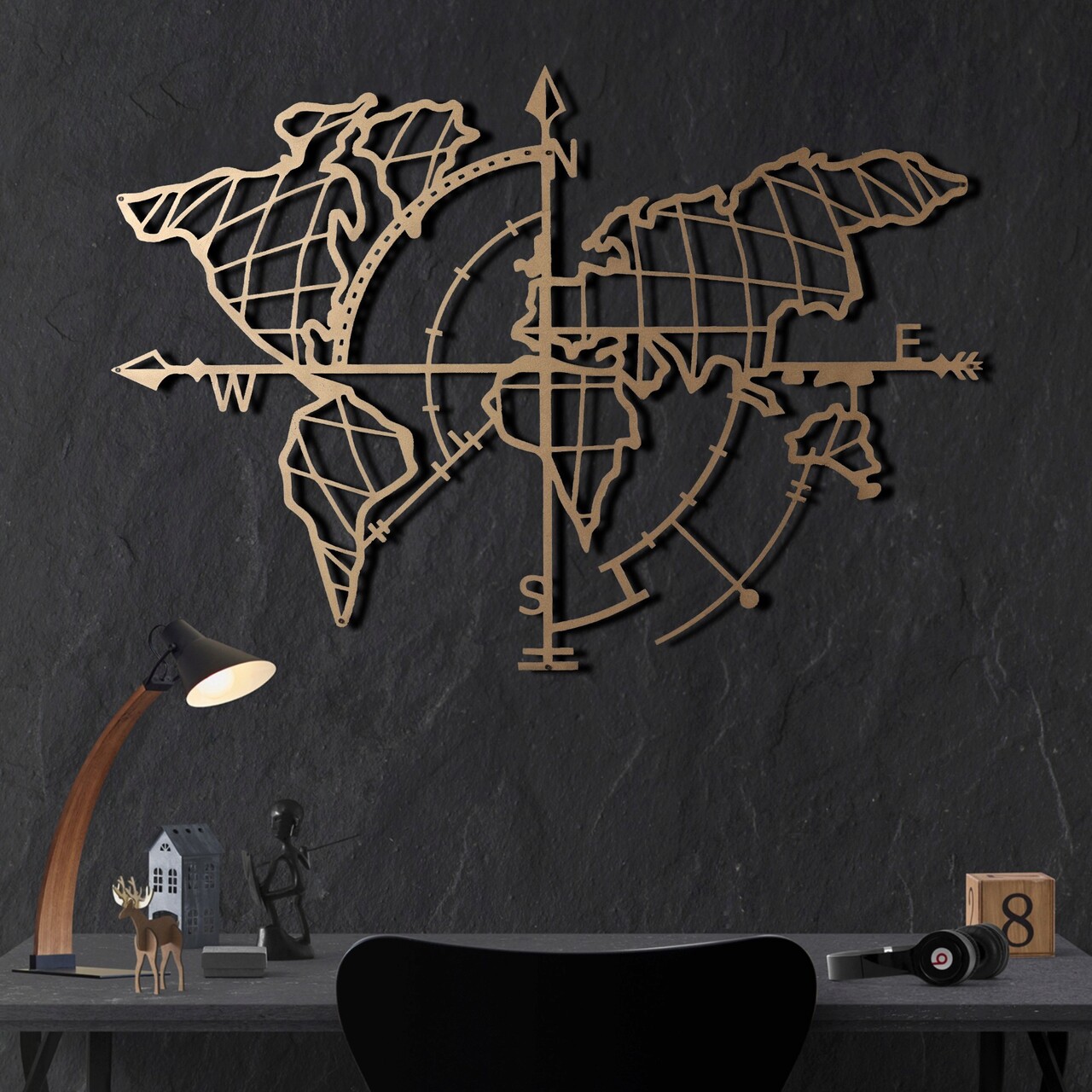 Decoratiune de perete, World Map Compass Gold, Metal, Dimensiune: 65 x 95 cm, Auriu