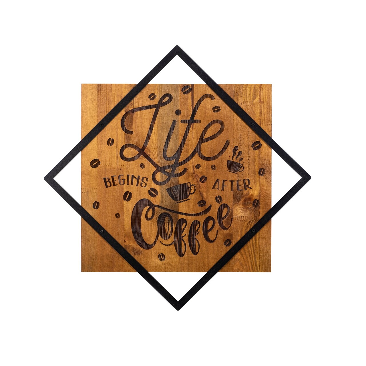 Decoratiune de perete, Life Begins After Coffee, 50% lemn/50% metal, Dimensiune: 54 x 54 cm, Nuc / Negru - 1 | YEO