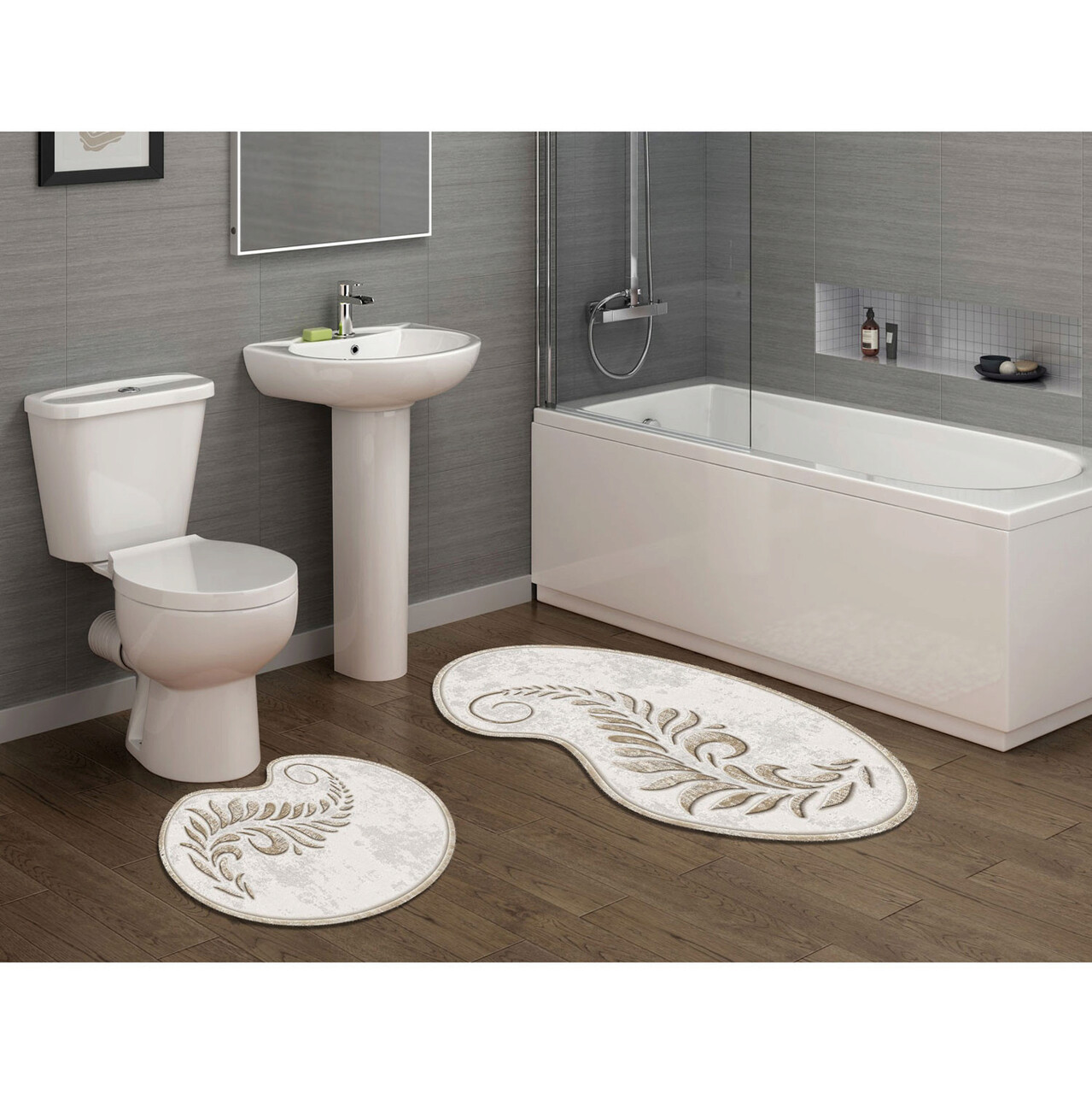 Set covorase de baie 2 piese, Alanur Home, 210FG41115KR, Poliester, Crem