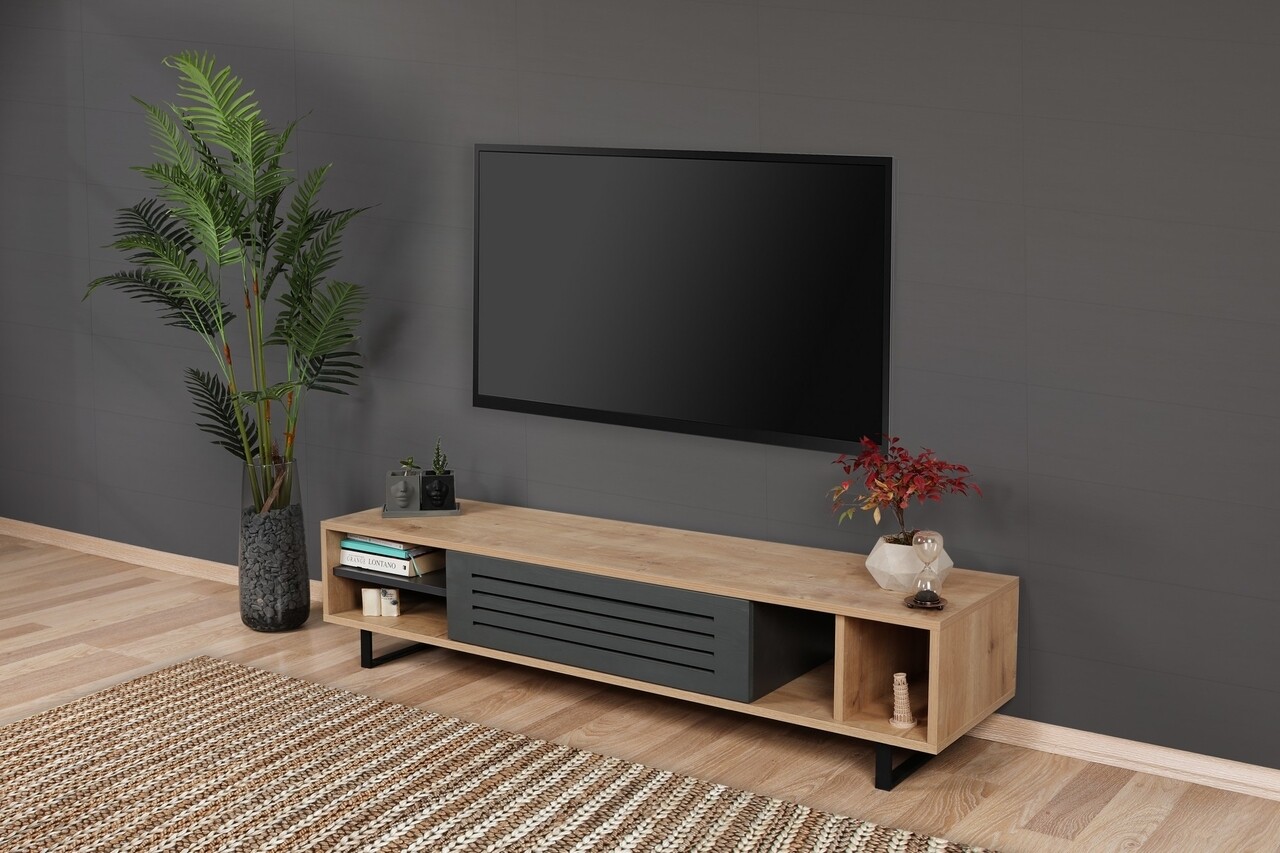 Comoda TV Safir, Puqa Design, 160x35x40 cm, maro/antracit - 1 | YEO