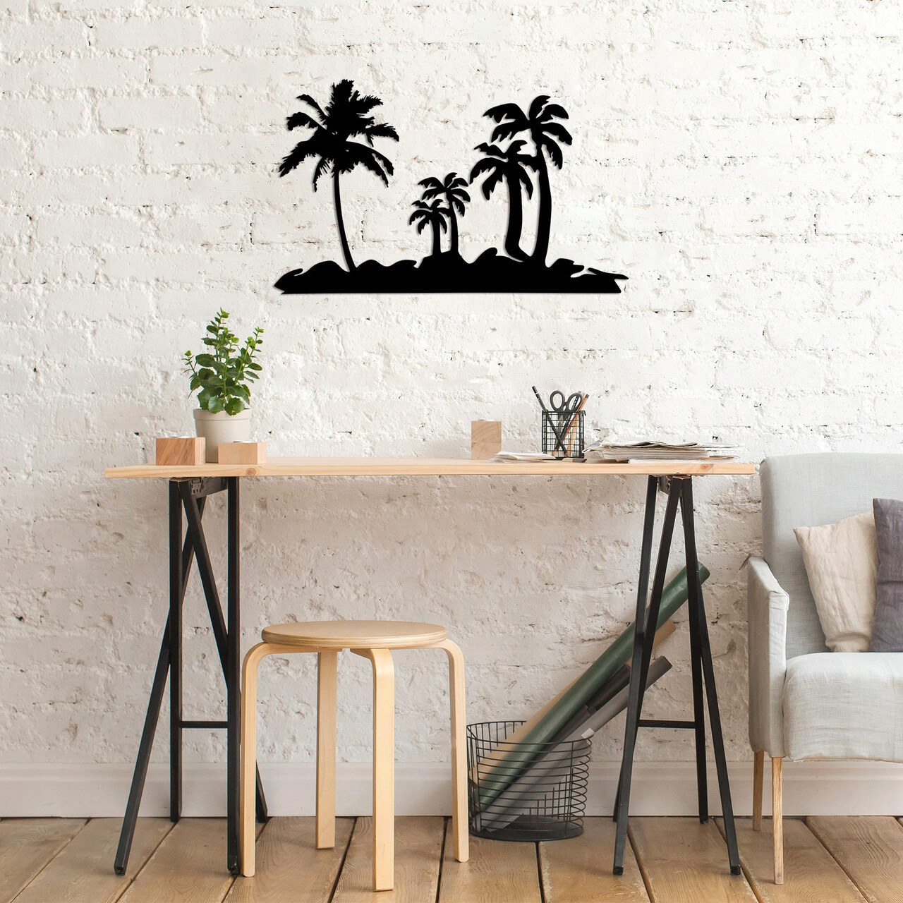 Decoratiune de perete, Palm Trees, Metal, 70 x 42 cm, Negru - 1 | YEO