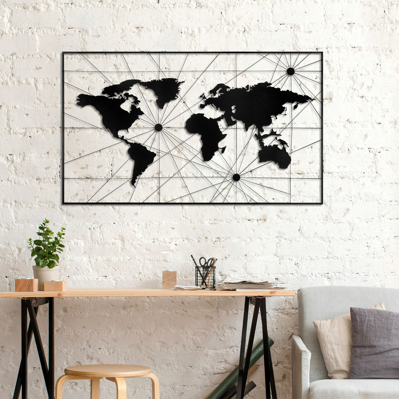 Decoratiune de perete, World Map 16, Metal, Dimensiune: 120 x 70 cm, Negru - 1 | YEO