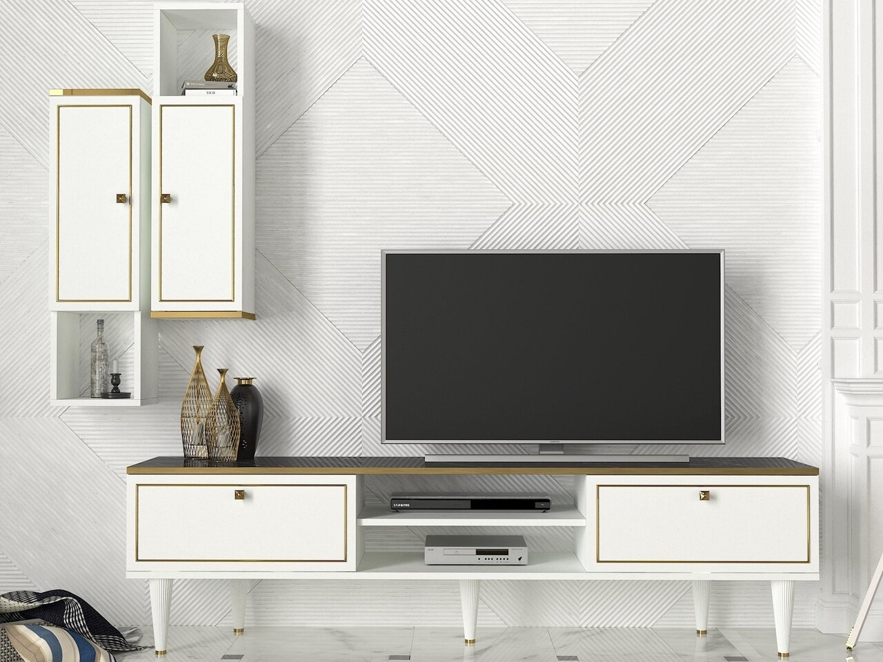 Comoda TV cu rafturi de perete Ravenna White, Talon, 180 x 50.5 cm/88.6 x 25 cm, alb/auriu/negru - 1 | YEO