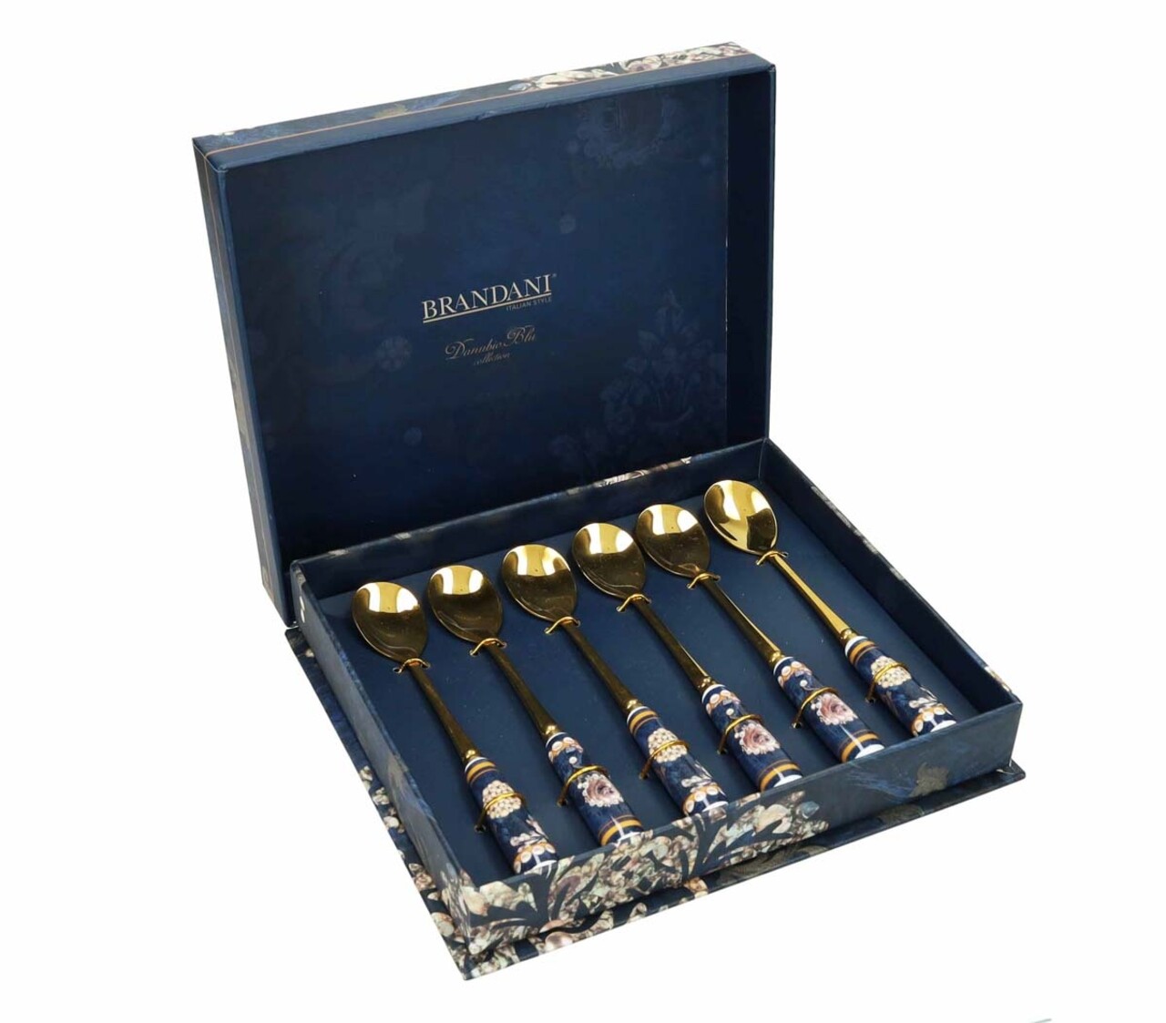 Set 6 lingurite desert Blue Danube Gold, Brandani, inox, maner ceramic