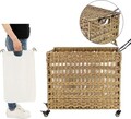 Cos de rufe tesut manual cu 3 compartimente si roti, Vasagle, 140 L, 66x36x60 cm, poliratan/metal/bumbac, natural