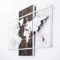 Decoratiune de perete, World Map Wıth Compass, 50% lemn/50% metal, Dimensiune: 85 x 58 cm, Nuc / Argint