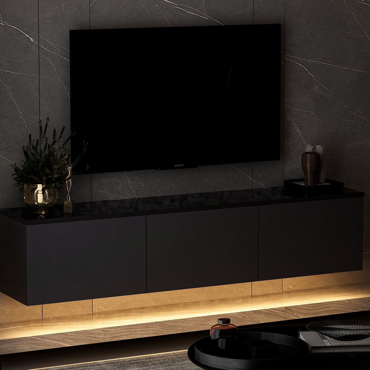 Comoda TV, Inarch, Neon Illuminated, 160 x 35 x 32 cm, pal melaminat, antracit - 2 | YEO