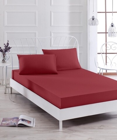 Set cearceaf de pat cu elastic si 2 fete de perna, EnLora Home, Duzboya, 160x200 cm, policoton, rosu
