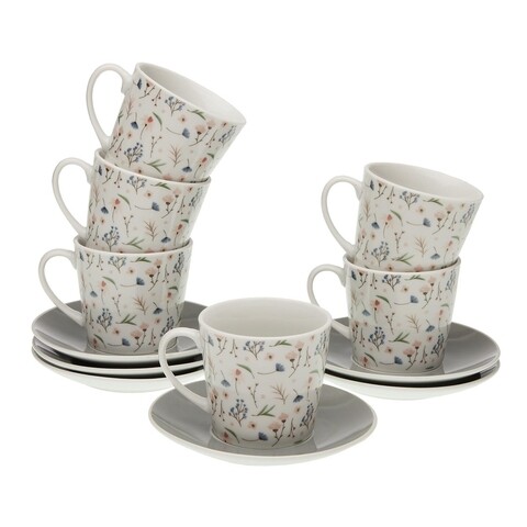 Set 6 cesti cu farfurie pentru ceai Lili Flowers, Versa, 14 x 9 cm, portelan