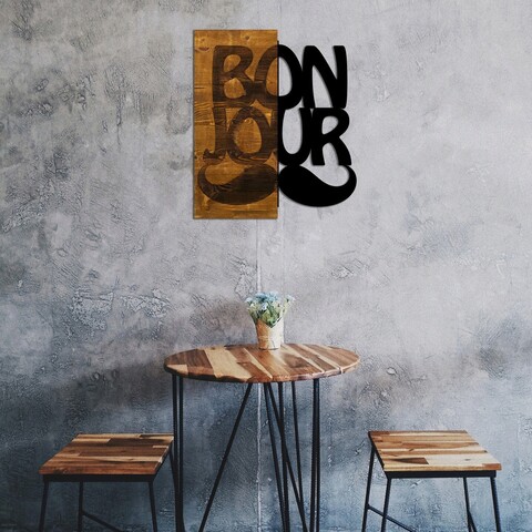 Decoratiune de perete, Bonjour, 50% lemn/50% metal, Dimensiune: 50 x 58 cm, Nuc / Negru