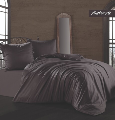 Lenjerie de pat dubla Anthracite, Majoli Home Collection, 4 piese, 240x260 cm, bumbac satinat, antracit