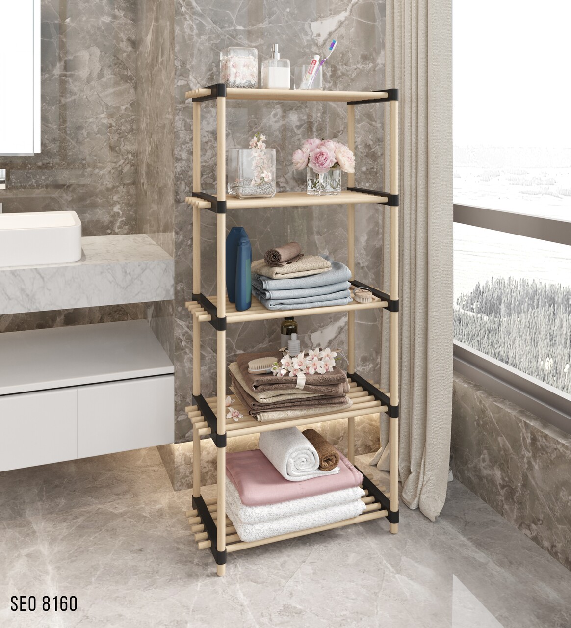 Organizator multifunctional, Seowood, cu 5 rafturi, 117 x 56 x 28 cm, lemn solid, natur