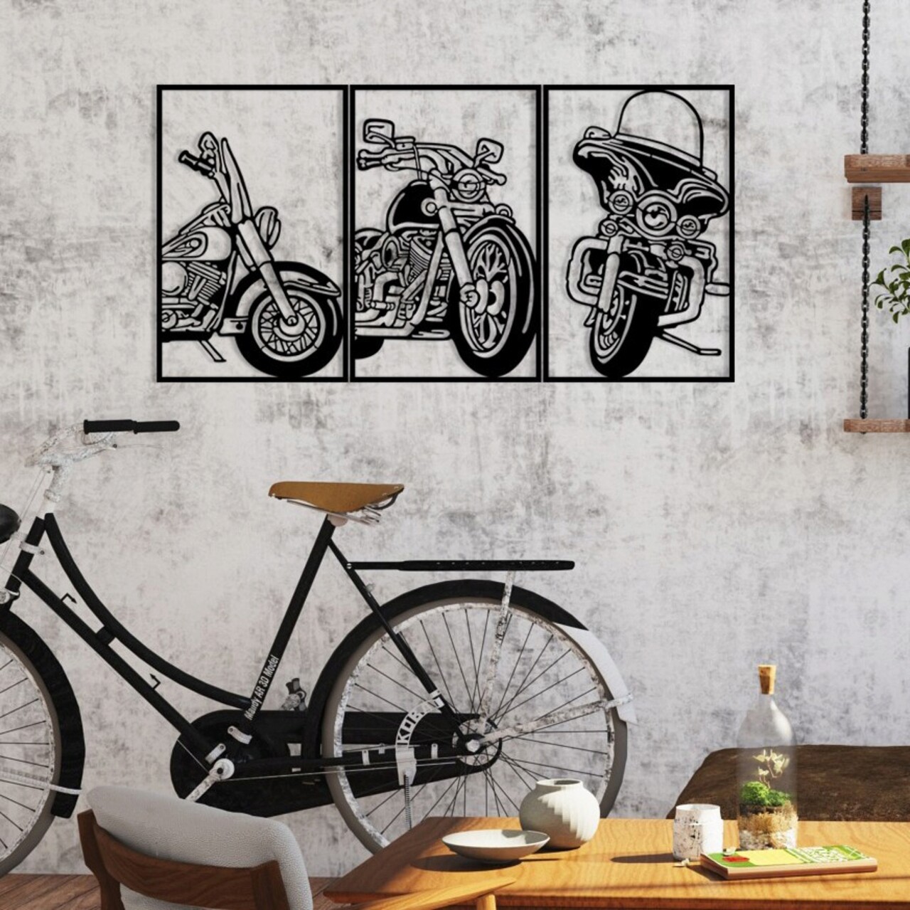 Decoratiune de perete, 3 Choppers, metal, 100 x 50 cm, negru - 2 | YEO